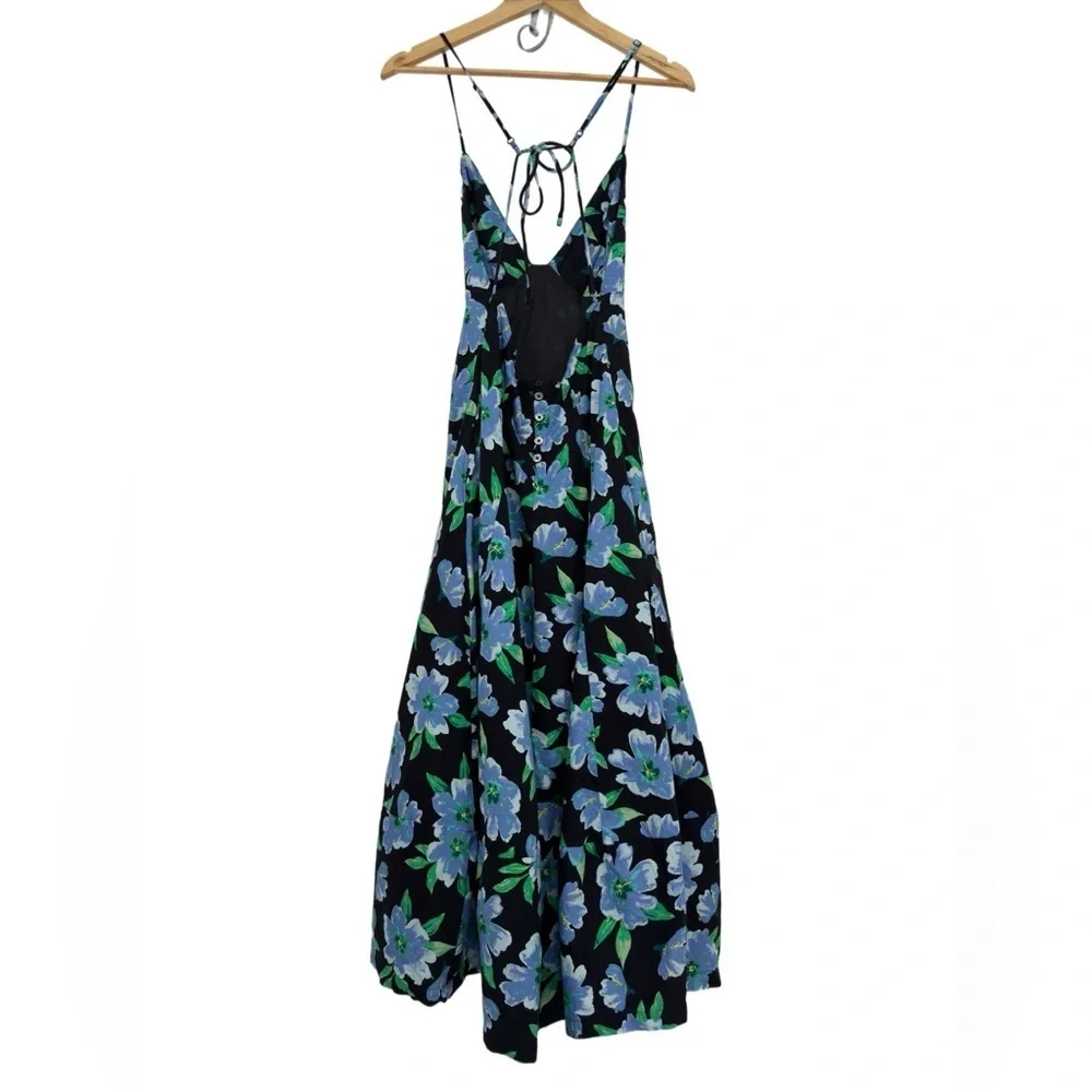 Free People Women’s Finer Things Floral Print A-Line Midi Dress Black Blue Small